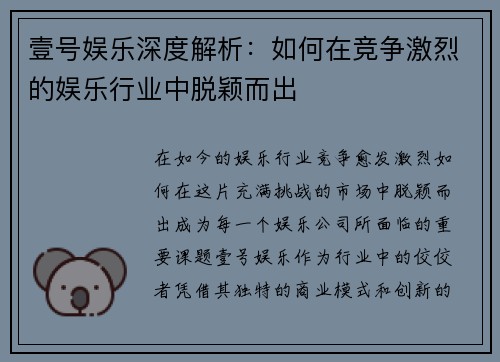 壹号娱乐深度解析：如何在竞争激烈的娱乐行业中脱颖而出
